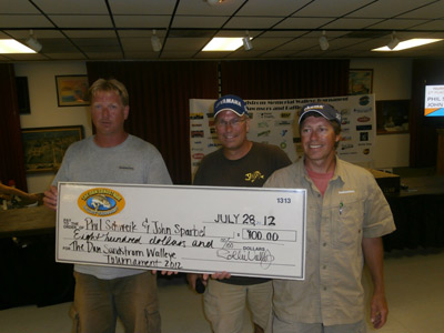 Hooksetters guides Phil Schweik and John Sparbel along with tournament director Rollie Vallin collecting the 1st place check in the Dan Sandstrom Walleye Tournament.